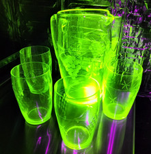 Stunning Rare Yellow Green Uranium Glass Lge Jug & Beaker Set Cut Glass Deco -AF picture