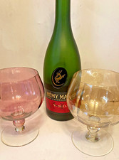 Vtg Brandy Snifter Glasses Handblown Stemmed Amber & Pink Made in Italy 5.5