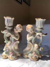 VTG Von Schierholz Handmade Pair Porcelain Cherub Candle Holders picture