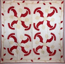 Antique c1880 Turkey Red Cockscomb Princess Feather Applique Quilt Folk Art 79