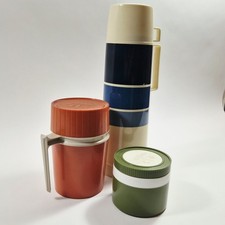 3 Vintage Thermos Vacuum Bottles Coffee/Food Jars King-Seeley 70s Red Green Blue picture