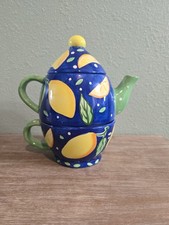 Vintage Bella Casa By Ganz Hand Painted Stacked Cup & Teapot Lemon Design EOC picture