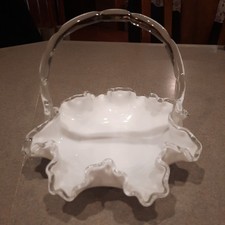 Fenton Silver Crest White Milk Glass Ruffled Crimped Edge Bowl Basket w/ Handle picture