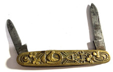 Antique Embossed Brass 2 Blade Pocket Knife picture