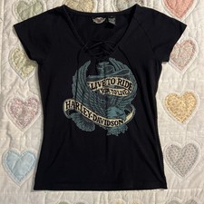 Harley Davidson Studded Live To Ride Graphic Vintage Y2K Baby Tee Size Small picture