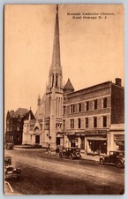 Roman Catholic Church East Orange New Jersey Street Scene Old Cars Postcard picture