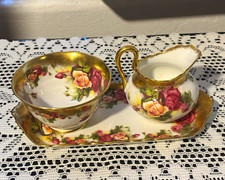 Vintage Royal Chelsea Golden Rose Creamer Sugar Bowl & Tray Set Bone China Engl. picture