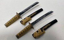 Vintage Japanese Style Tanto Dagger Pair Raised Dragon Blade Gold Tone 2pc picture