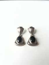 Vintage Earrings MARKED HOB MEXICO 925 STERLING SILVER Pierced Dangle Onyx picture