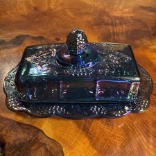 Vintage Indiana Carnival Glass Butter Dish Blue Iridescent Harvest Grape w/ Lid picture