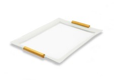 GAC Unique Design White-Grey Rectangular Tempered Glass Serving Tray with Wooden picture