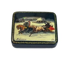Russian Hand Painted Lacquer Trinket Box Signed Red Interior Hinged picture
