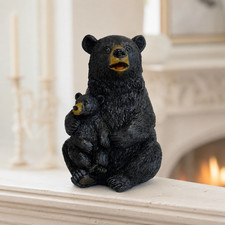 Handmade Ceramic Black Bear Figurine With Cub Wildlife Decor Rustic Gift 5 Inch picture