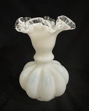 Vintage Fenton White Milk Glass Silver Crest Ruffle Melon Vase 8