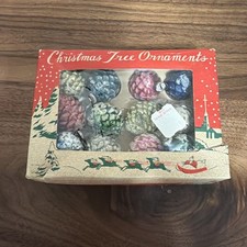 VINTAGE BOX OF JAPAN GLASS FROSTED PINECONE Christmas Tree Ornaments -Mercury  picture
