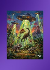 UFO Dinosaur Abduction ACEO Print | UAP Folk Art | Alien Saucers Jurassic Art picture