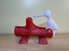 Plastic White Woodpecker Bird on a Red Log Toothpick Grabber Vintage picture