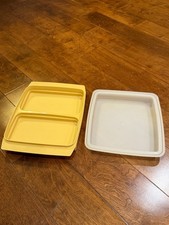 Vtg Tupperware Harvest Gold 723-3 Deviled Egg Keeper Carrier Set Sheer Lid picture