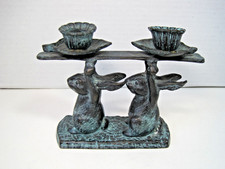 Vintage Bronze With Verdigris 2 Rabbits Candlestick Holders  6. 5