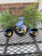 Vintage Japanese 3-Piece Sake Set – Black, Blue & Gold Crane Design picture