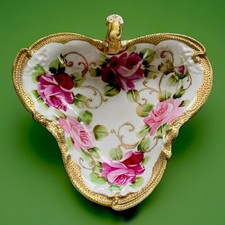 Antique Nippon Maple Leaf Hand Painted Rose Nappy Dish Gold Moriage Trim c1905 picture