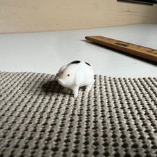 Vintage Miniature White Glass Pig Figurine Black Spots Red Eyes Hand Blown Art picture