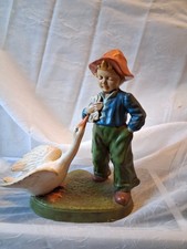 Vintage Little Farmer Boy Feeding Goose Ceramic Figurine Hand Painted 7.5” picture