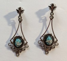 Cute Silvertone Vintage Pierced Dangle Earrings With A Turquoise Colored Stone picture