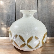Vintage 1990s Hand Made Stoneware Pottery Vase Round Bottom Brown Pattern VTG picture