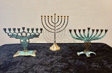 Vintage Israeli Brass Menorah Trio – Verdigris Patina – Mid‑Century Judaica LOT picture