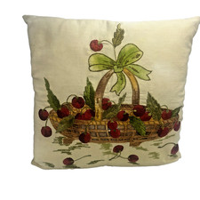 Antique Society Silk Red Cherries in a Basket Embroidered Throw Pillow picture