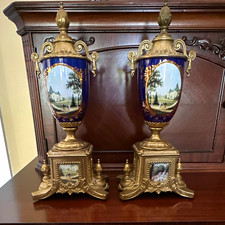 Pair Blue & Gold Lidded Urn Vases, Scenic Landscape Panels, Metal Base picture