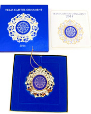 2014 Texas Capitol Gold Plated Ornament With Blue Details & Original Box picture