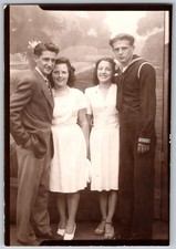 Vtg B&W Snapshot US Navy Sailor Double Date Studio Portrait White Dresses 1940s picture