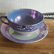 1930's Vintage Shofu Japan Tea Cup Saucer Set Purple Cherry Blossom Iridescent picture