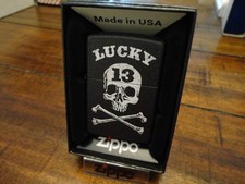 LUCKY 13 SKULL AND CROSS BONES BLACK CRACKLE ZIPPO LIGHTER MINT IN BOX picture