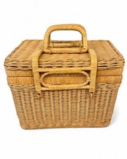 Vintage Adorable, Mid Century Wicker Or Ratan Picnic Basket Boho 13X8.5X10” picture