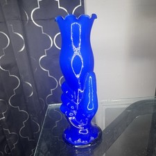 Hand Vase Cobalt Blue White Glass Victorian Ruffled Hand Holding Vase picture