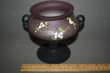 VTG HAND PAINTED FLOWERS ON FROSTED AMETHYST GLASS PEDESTAL FOOTED COMPOTE DISH picture