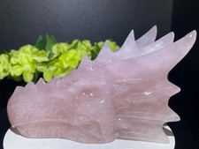 2.43LB Natural Pink Rose Quartz Carved Dragon Head Skull Crystal Reiki Decor picture