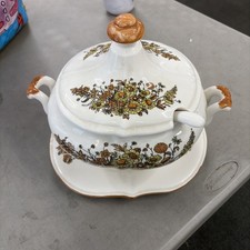 VTG porcelain floral tureen lid underplate Platter Tray Spoon Ladle Complete 4pc picture