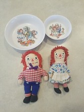 Vintage Raggedy Ann Andy Lot Two ONEIDA Bowls 1969 and Two Knickerbocker Dolls  picture