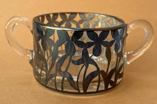 CLEAR GLASS SILVER OVERLAY FLORAL DESIGN TWO HANDLED OPEN SUGAR BOWL ~ CHIP picture