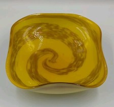 Vintage Yellow And Gold Swirl Art Glass Square Bowl picture