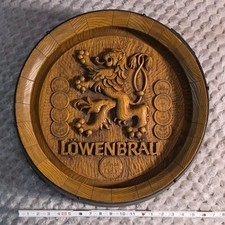 VTG Lowenbrau Beer Barrel Sign Faux Wood Keg Plaque Lion Crest Bar Man Cave 18