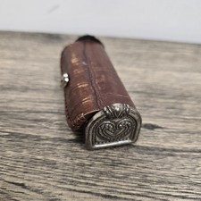 Vintage Brighton Lipstick Case Tube Holder Brown Leather Mirror Silver Heart picture