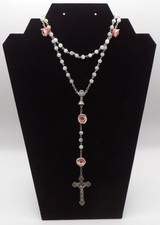 Vtg Millefiori White Glass Floral Rosary 3D Pink Resin Rose Communion Chalice 16 picture