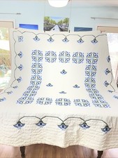 Vintage 95”x82” Hand Cross Stitched, Hand Quilted  Quilt. Gorgeous 1960s Large picture