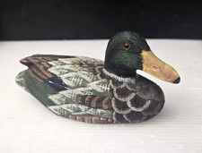 Vintage Hand Carved Wood Mallard Duck Decoy Figurine Painted Glass Eyes 6” picture