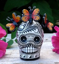 Day of the Dead Sugar Skull with Monarch Butterflies Handmade Mexico Folk Art Sm picture